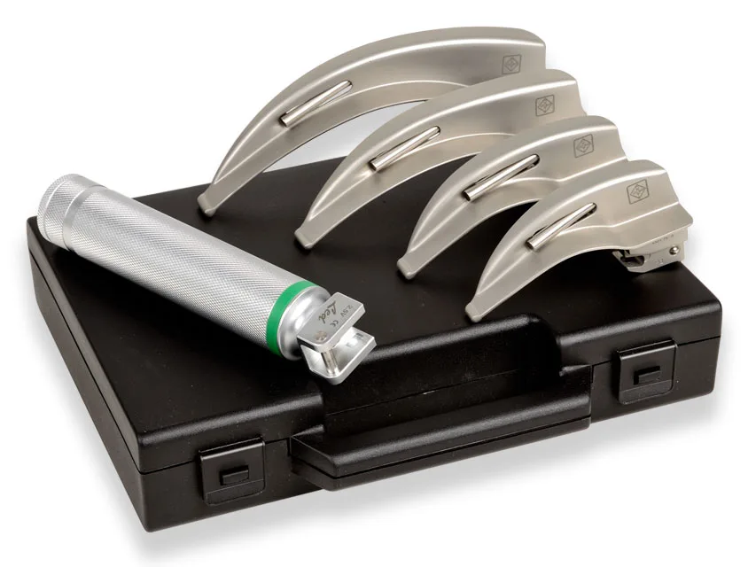 Set laringoscop cu fibră optică GREEN F.O.LED pentru adulți 4 lame MC-INTOSH 1-2-3-4 - 2.5 V - 18.000 lux