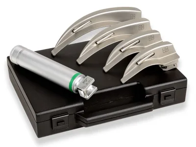 Set laringoscop cu fibră optică GIMA GREEN F.O.LED pentru adulți 4 lame MC-INTOSH 1-2-3-4 - 2.5 V - 18.000 lux